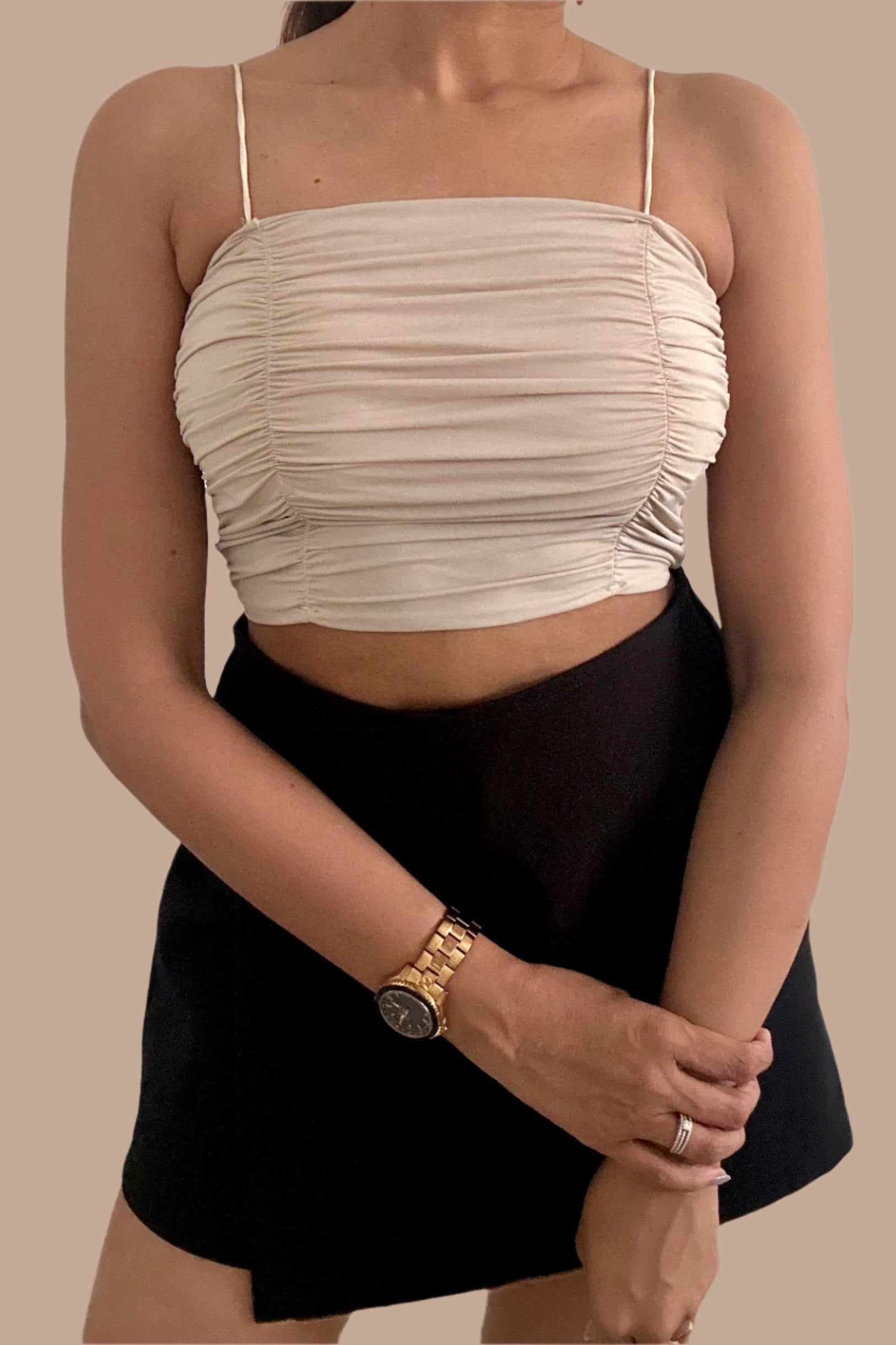 No Bra Tops Ruffled Crop Top Beige