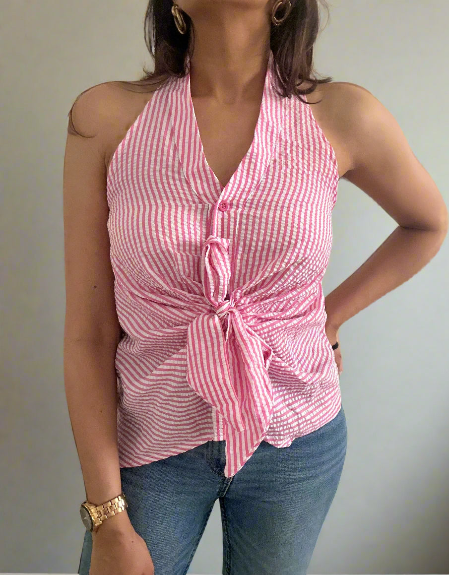 Striped Halter Neck Top with Bow