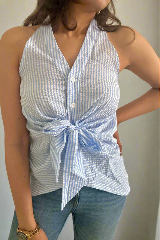 Striped Halter Neck Top with Bow
